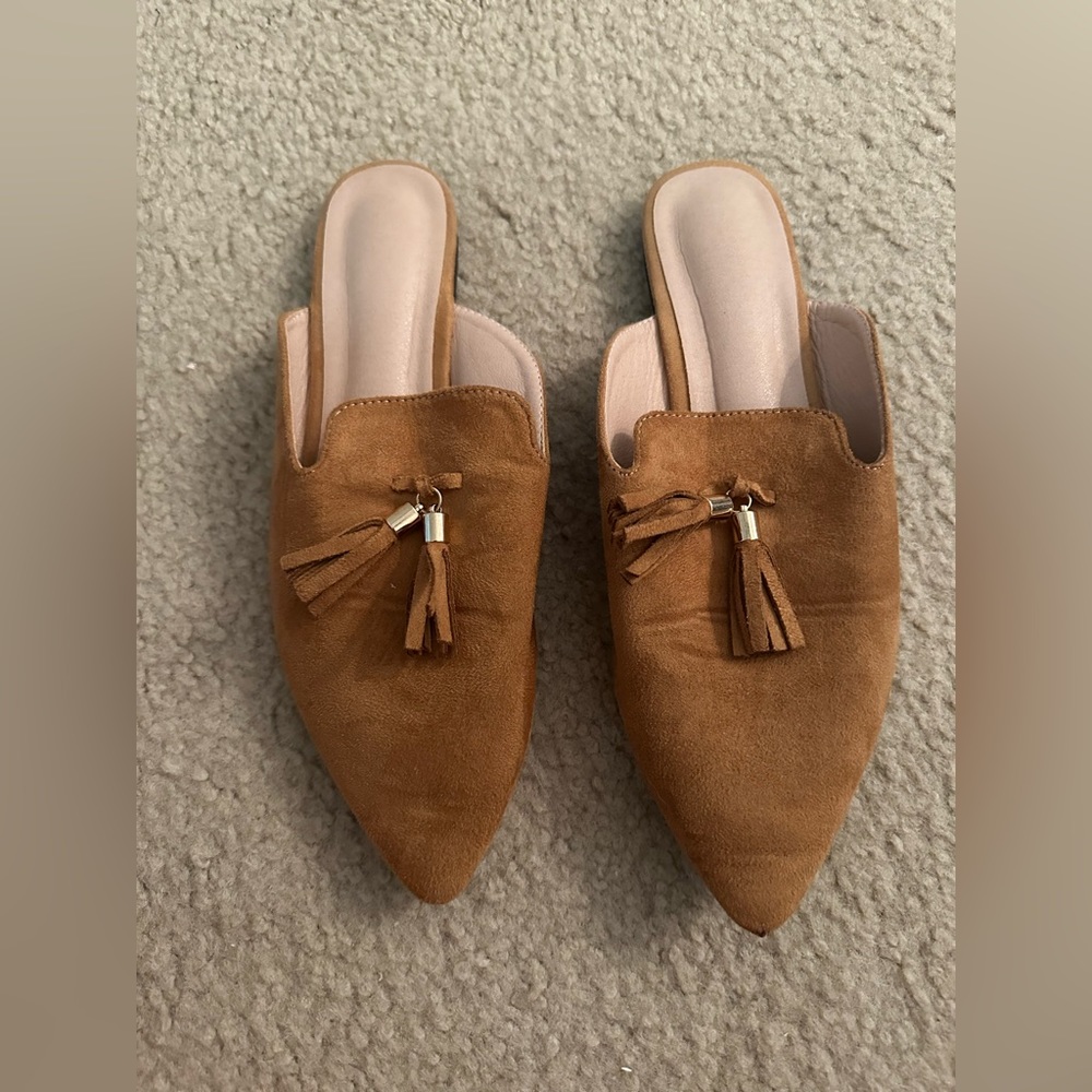 Gold tassel faux suede loafer mule